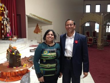 Pulkit Kantawala, city councilor for DDO District 7, with Dr. Monika Spolia, Editor of Bharat times at Hindu Mandir DDO on Nov 12, 2017