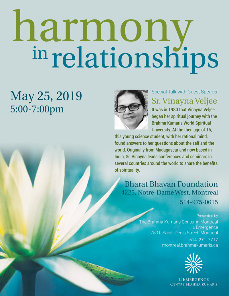 Harmony in Relationships - A Talk with Sr. Vinayna Veljee in Montreal on May 25th
