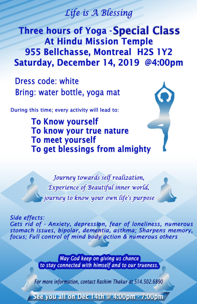 Three hours of Yoga - Special Class at Hindu Mission Temple on Dec. 14, 2019 at 4pm
