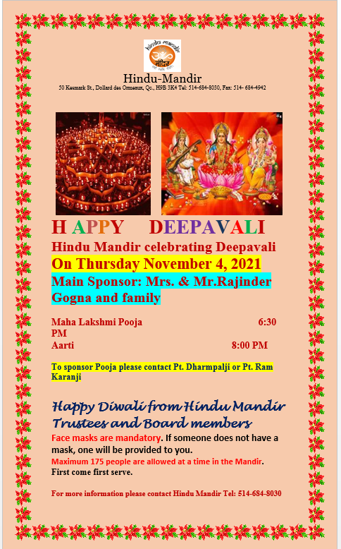 Deepavali 2021 at Hindu Mandir (DDO)